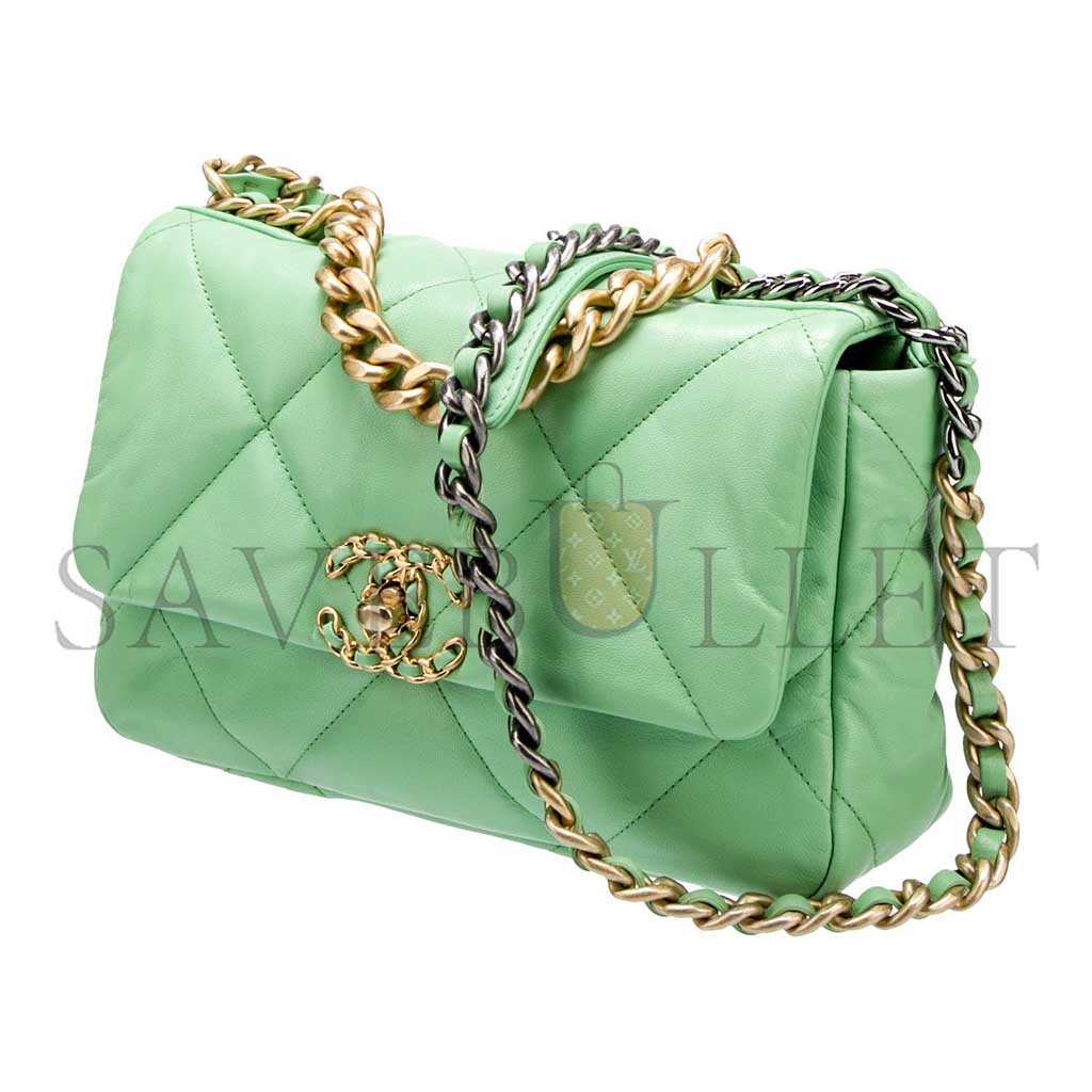 CHANEL GREEN QUILTED LAMBSKIN CHANEL 19 FLAP GOLD AND RUTHENIUM HARDWARE AS1160 (26*16*9cm)